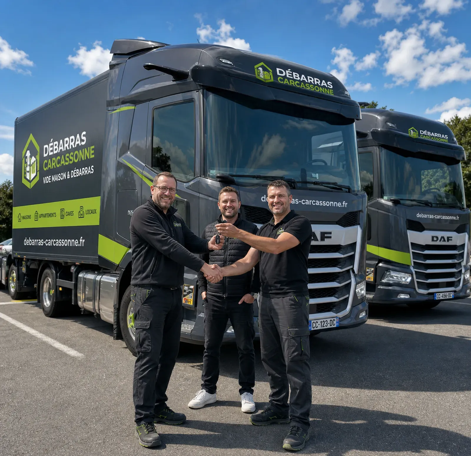L'équipe de 3 professionnels de Transport Carcassonne devant le fourgon